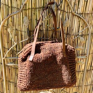 Vintage Dark Brown Leather Woven Tote Bag purse handbag